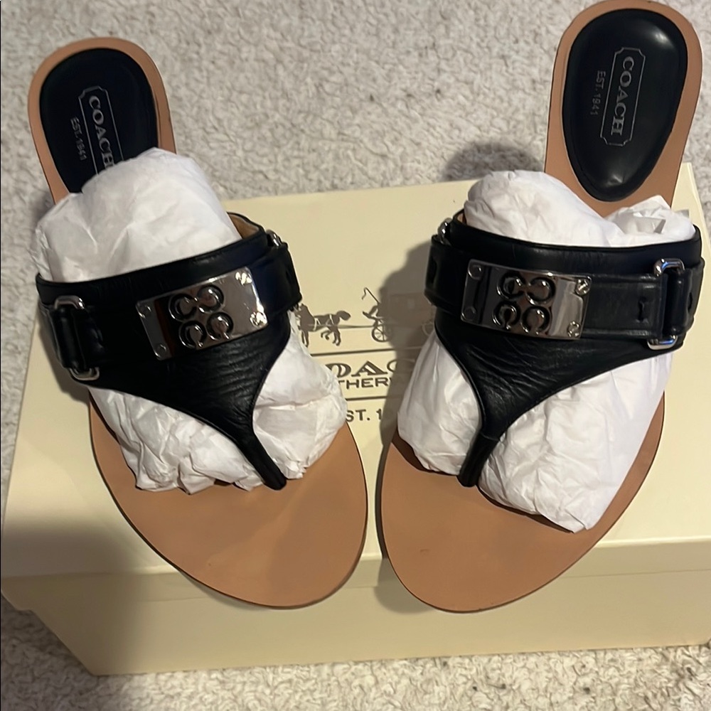 Coach Black Leather Sandals with Silver Accents